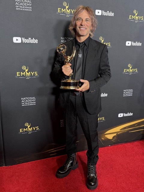 Nathan Ross at the 2026 News & Documentary Emmy Awards with his Emmy for Critical Incident: Death at the Border